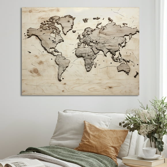 Designart Décoration Murale Carte du Monde, art Mural Carte du Monde, Sentiers Rustiques sur la Carte du Monde, Grande Toile Murale, 32x24 Pouces