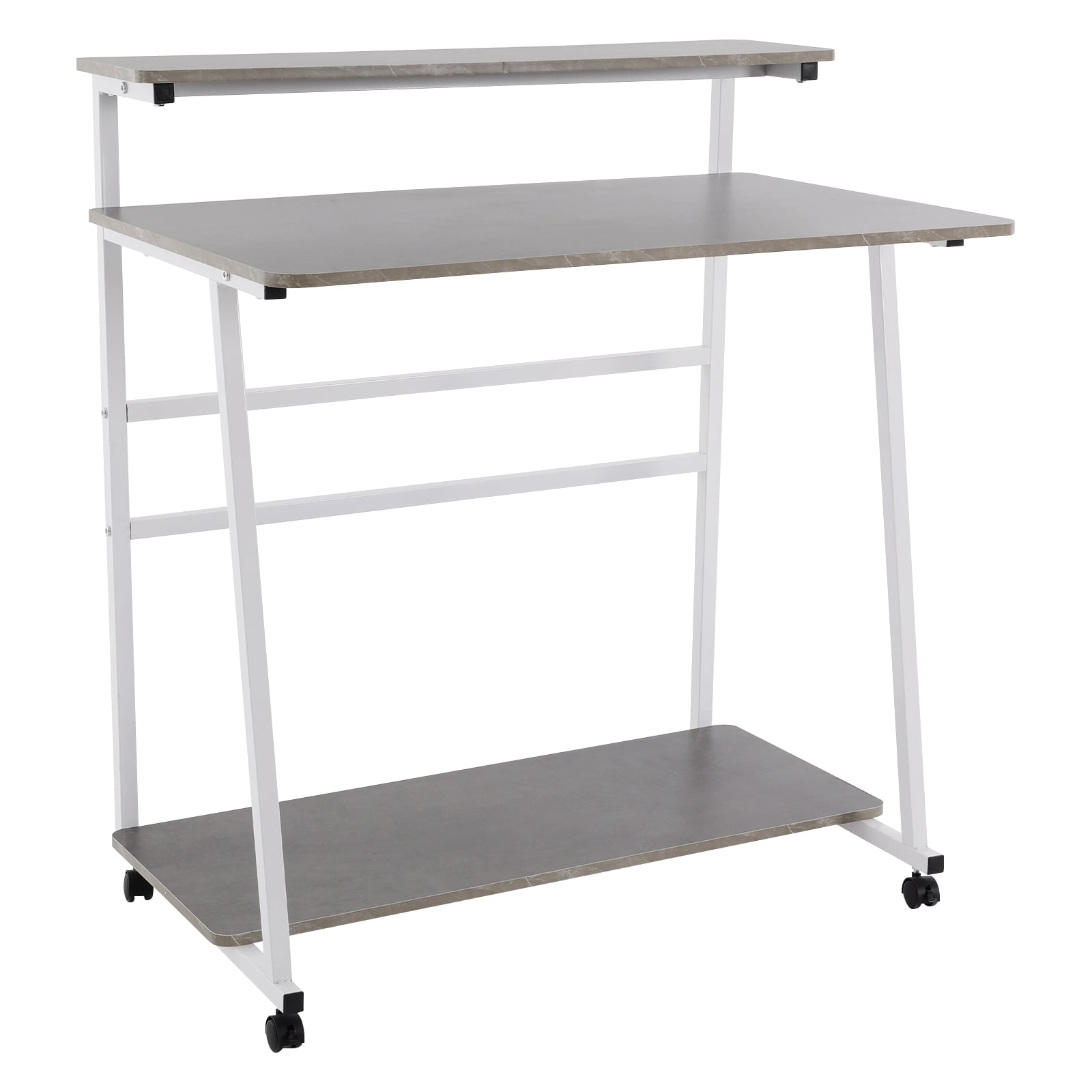 Free Standing Home Office Desk, Rolling 3-Tier Computer Desk (White+Grey)