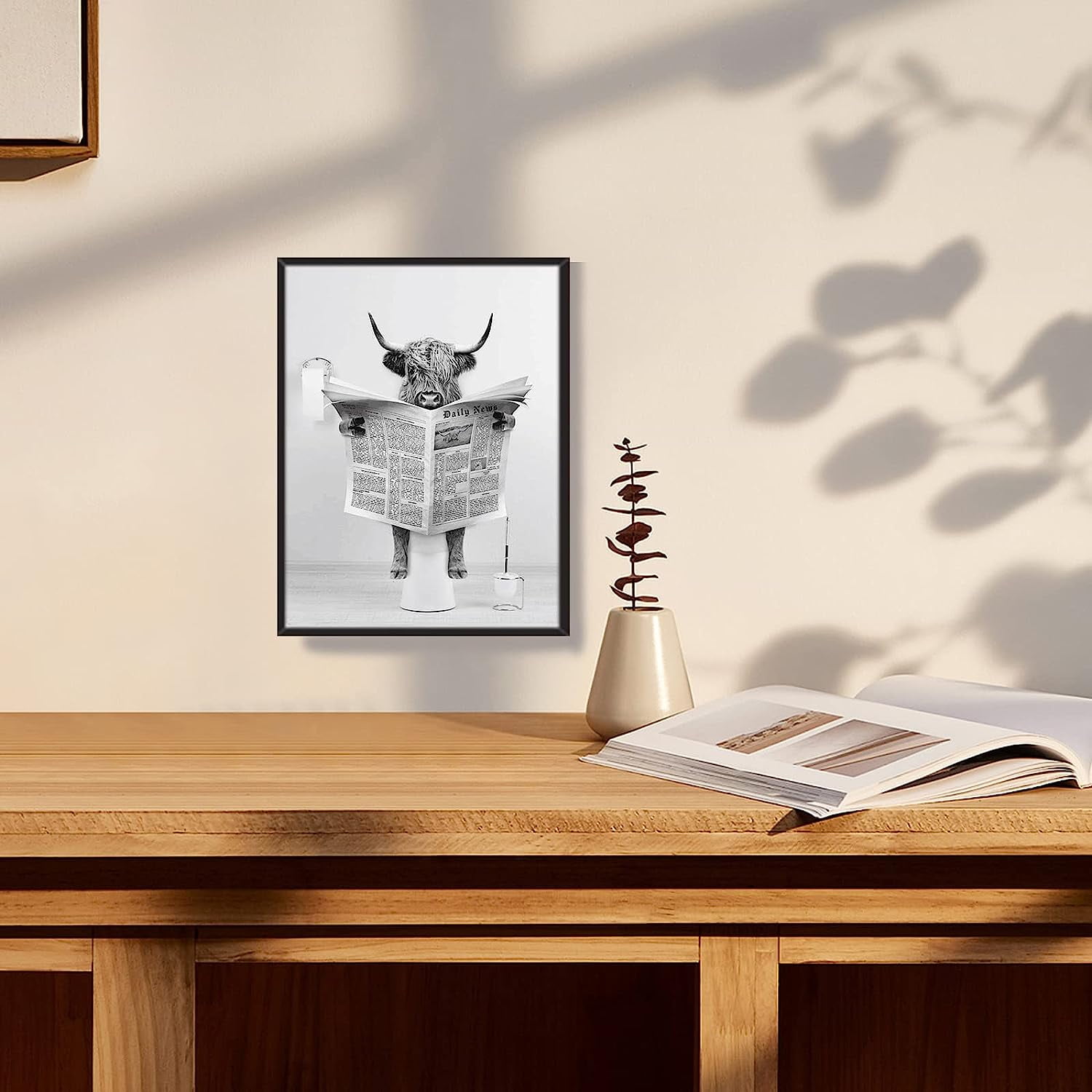 Modern Black Framed Highland Cow Wall Art Minimalist Bathroom Wall Decor Cute Funny Animals Artwork Canvas Prints Ready to Hang for Guest Bathroom, Hotel, Condo, Kids Bathroom, 12x16
