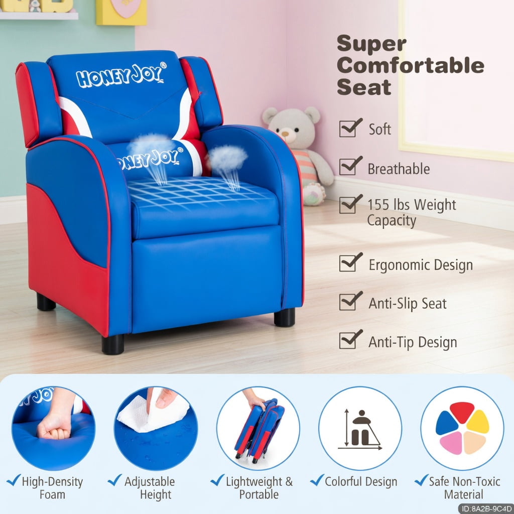 Barara King Kids PU Leather Recliner Chair with Side Pockets, Kids Gaming Sofa Recliner Chair for Living Room, Bedroom, Blue