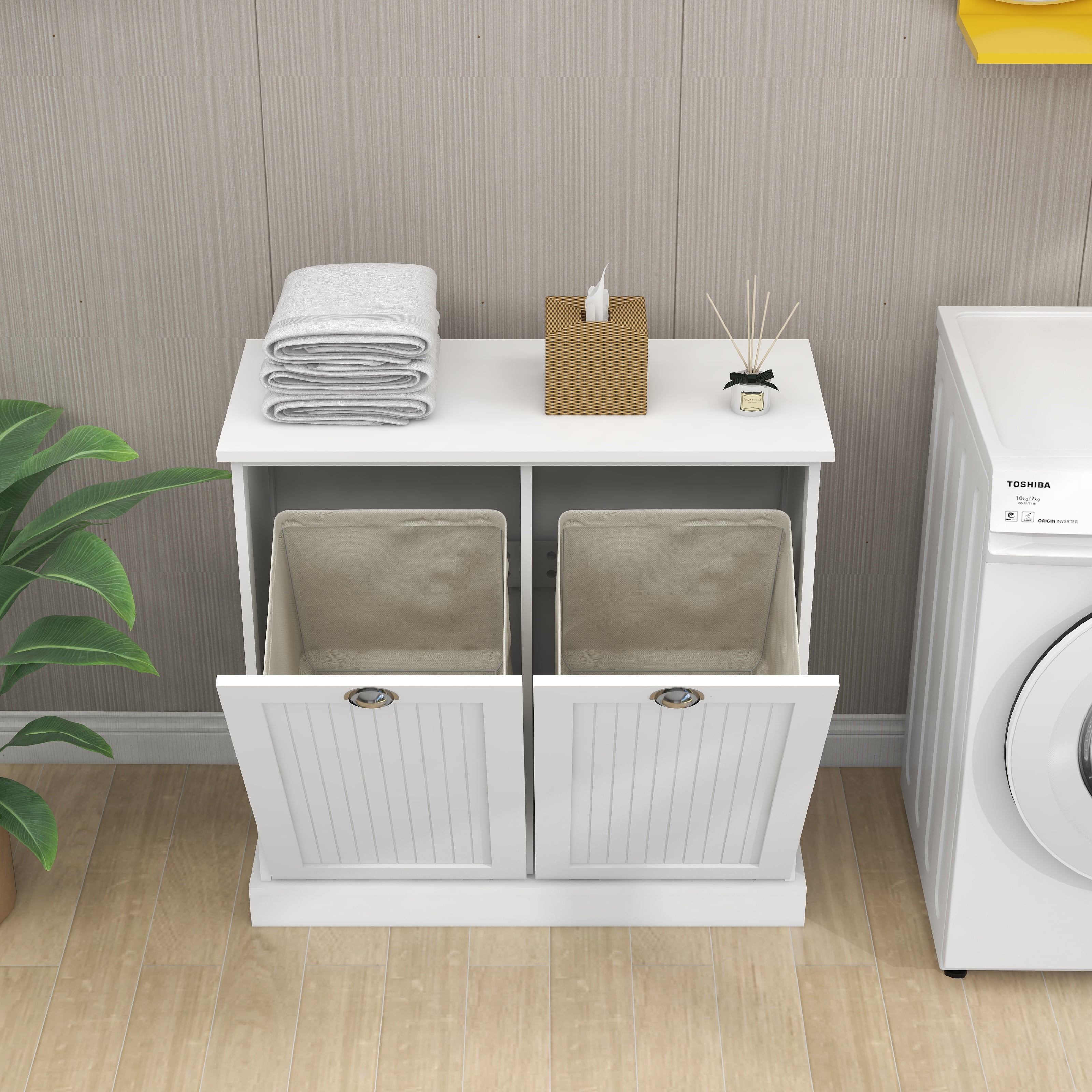 Aukfa Double Tilt Out Laundry Hamper Cabinet,Bathroom Laundry Cabinet with Basket,White