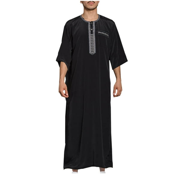 Mens Kaftan Thobe Button Down Casual Shirts 3/4 Lenght Sleeve Robe Retro Embroidery Muslim Gown Shirt