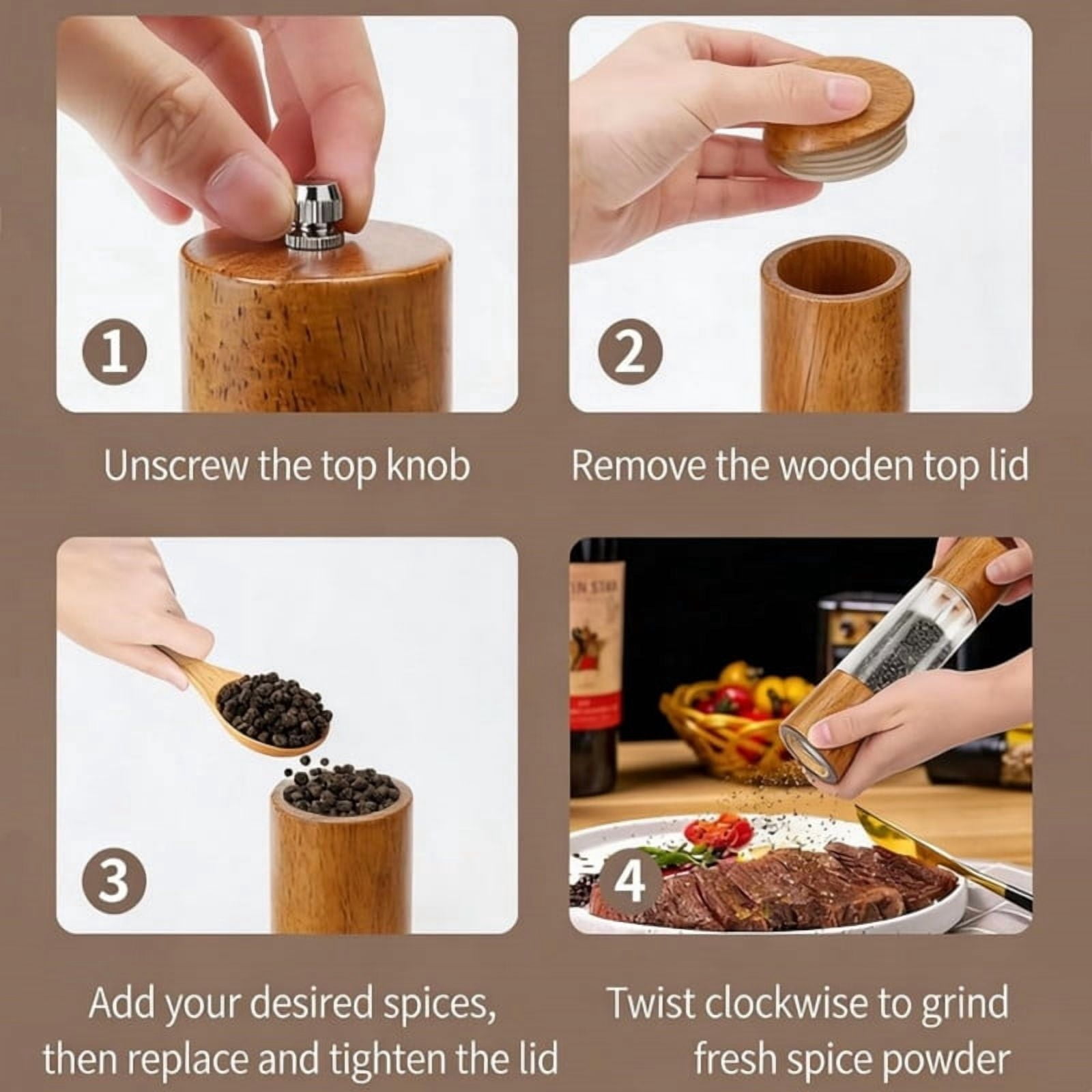 Salt and Pepper Grinder Set, 2 Pack 8 Inches Manual Acrylic Mills, Refillable Salt Shaker and Pepper Mill for Kitchen, Wooden Design