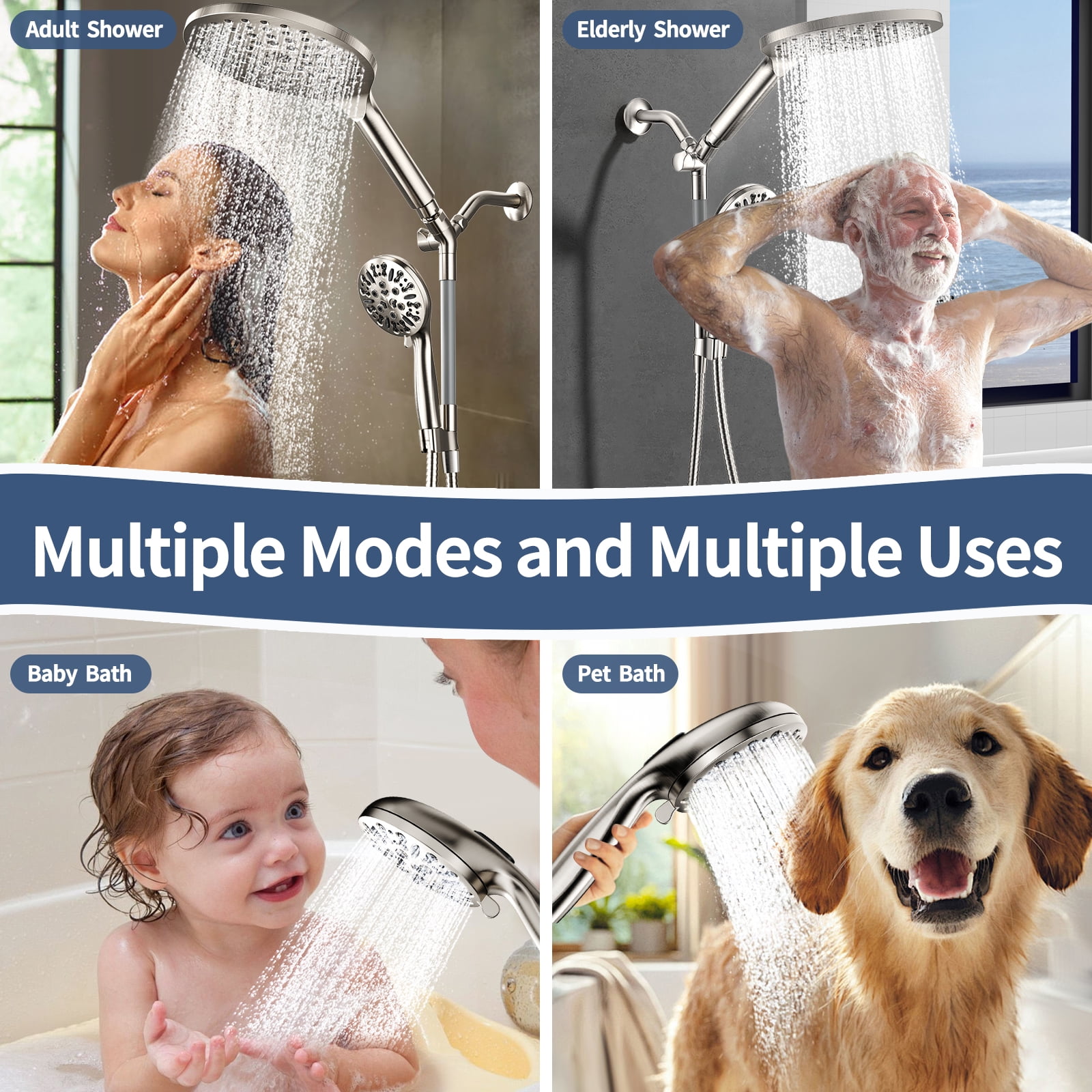 KAIYING Dual Shower Head with Handheld Spray, 9 Modes, Adjustable Angles, 79-Inch Hose, Brushed Nickel