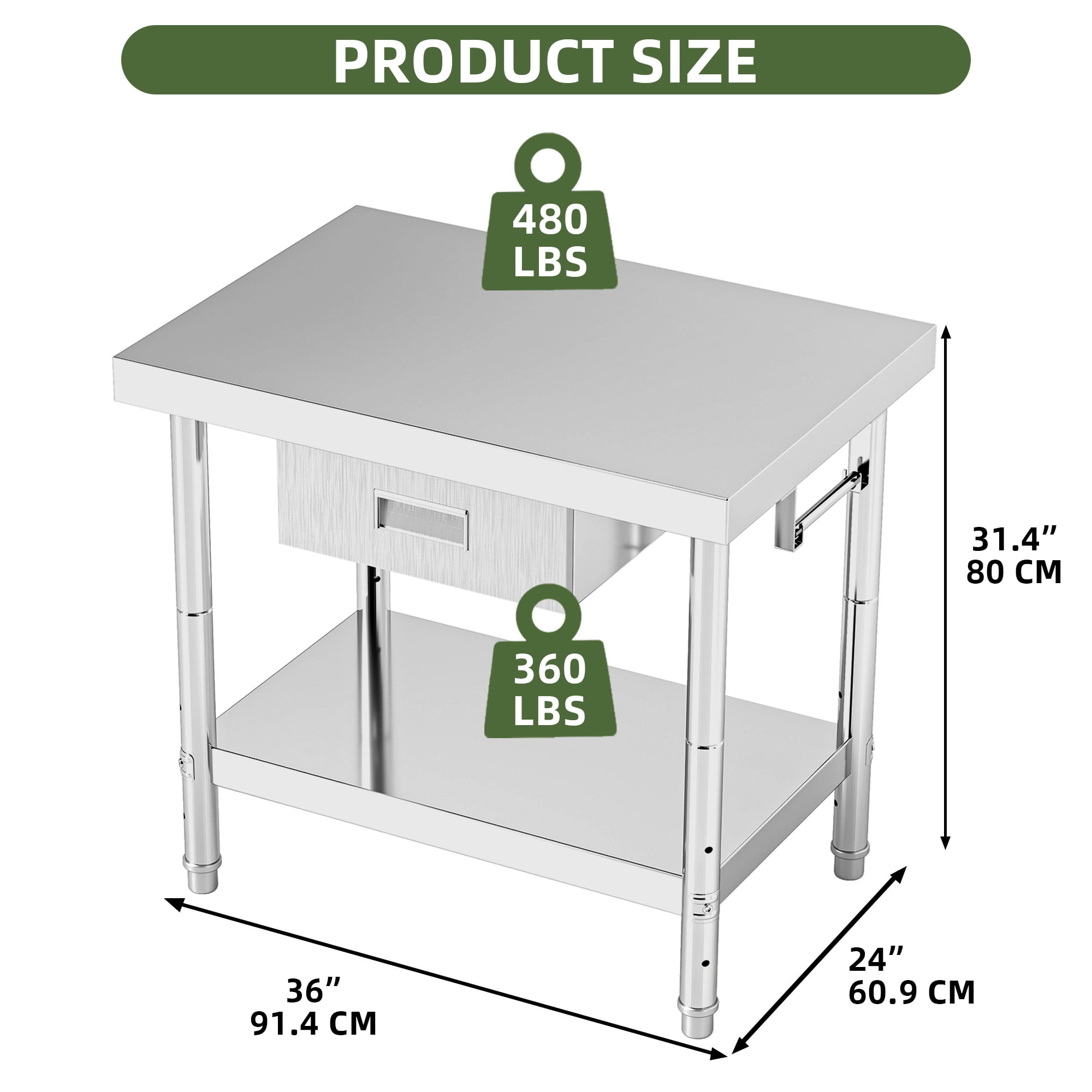 Uforic Stainless Steel Table with Paper Towel Holder and Drawer, 36" × 24" Work Table with Drawer, Metal Table Prep Table