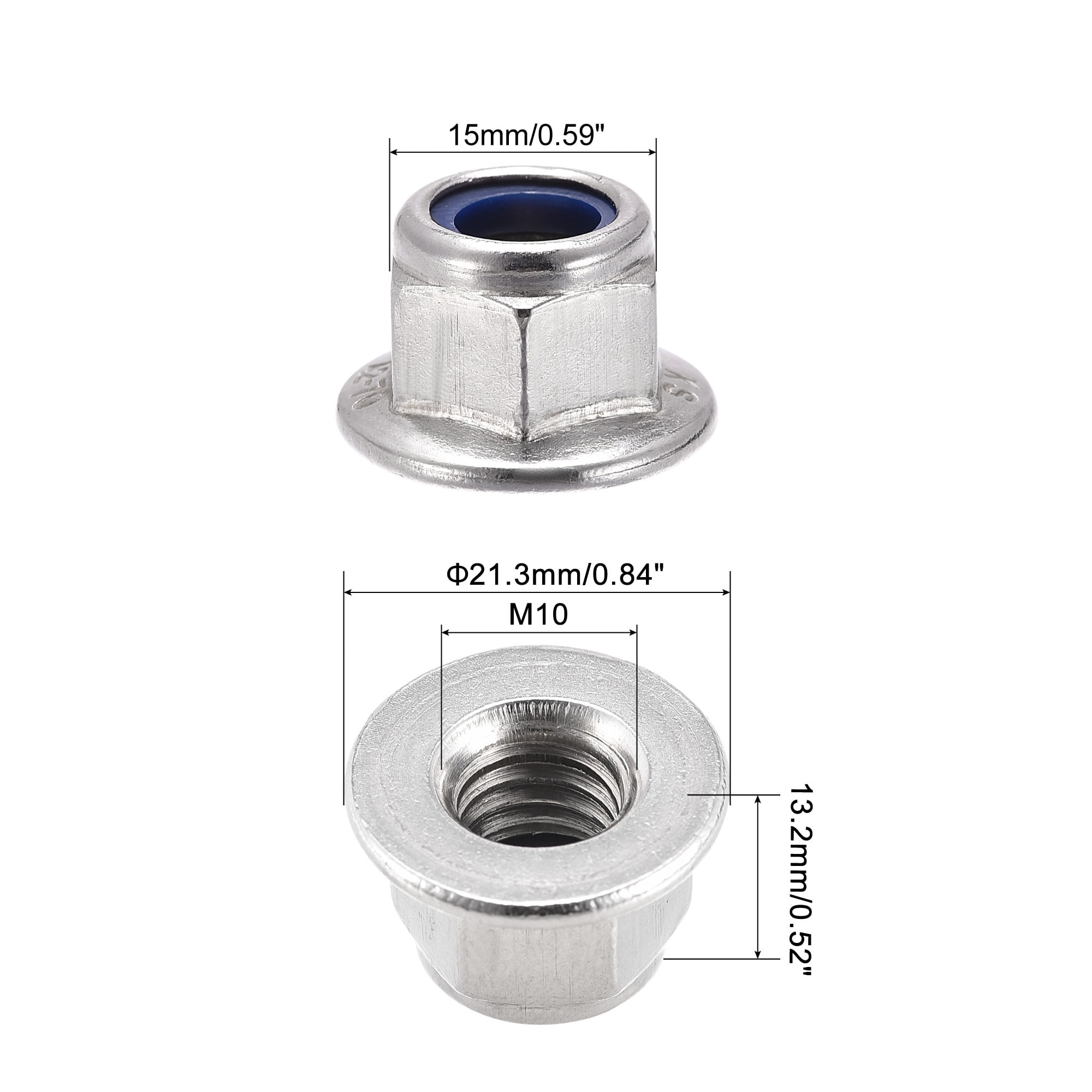 Uxcell M10 Nylon Insert Hex Lock Nuts with Flange, 304 Stainless Steel, Plain Finish, 10 Pack
