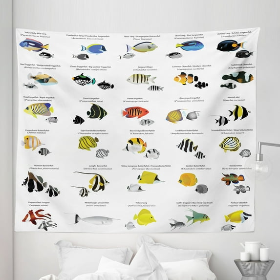 Fish Tapestry, Illustration of Different Fish Species Underwater Aquatic Picture, Fabric Wall Hanging Decor for Bedroom Living Room Dorm, 5 Sizes, Yellow Blue Black, by Ambesonne