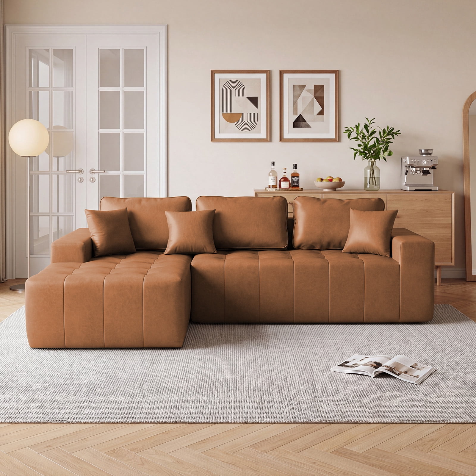 No-Assembly Faux Leather Corner Chaise Compression Sofa Bed, L-Shaped Sectional Couch with High-Density Sponge for Living Room, Light Brown