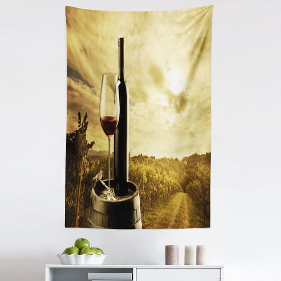 Wine Tapestry, Red Wine Bottle and Glass on Wooden Cask Dramatic Sky Agriculture, Fabric Wall Hanging Decor for Bedroom Living Room Dorm, 5 Sizes, Pale Coffee Green Black, by Ambesonne