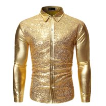 SWSMCLT Men's Outfit Long Sleeve Sexy Disco Fitted Button Down Shirt Rhinestone Dance Summer Halloween Top Golden Small