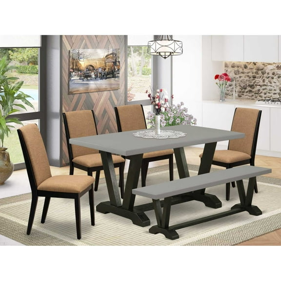 East West Furniture V696LA147-6 6-Piece Beautiful Rectangular Dining Room Table Set a Superb Cement Color dining table Top and Cement Color Wood Bench and 4 Wonderful Linen Fabric Parson Dining...
