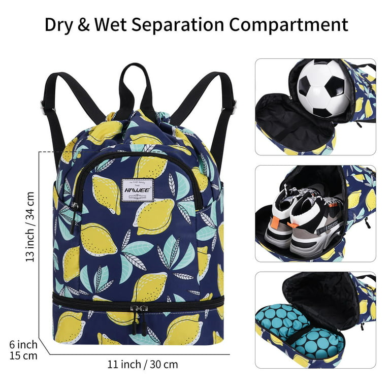 HAWEE Dry Wet Drawstring Backpack with Shoe Compartment for Women  Waterproof Yoga String Bag Outdoor Sports Rucksack for Gym/ Beach/ Swim  Pool, Pear 
