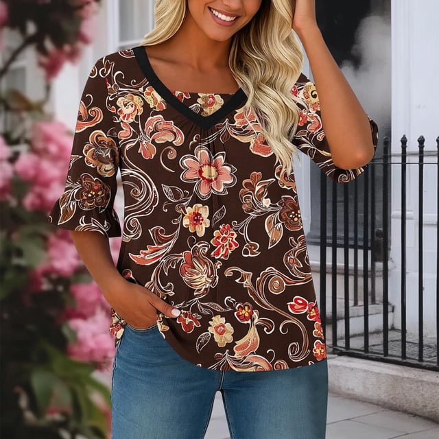 TaTaai Women's Flared Sleeve V-Neck Top Printed Ruched Front Half Sleeve Casual Summer Chic Blouse T-Shirt Daily Party Beach Gift