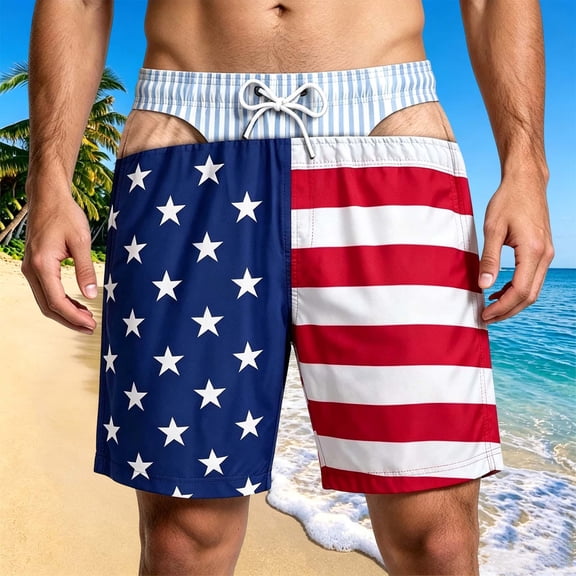 Funny Men Swim Trunks America Flag Bikini Pattern Beach Short Beach Shorts, Summer Vacation Gifts for Men, Gag Gift for Him