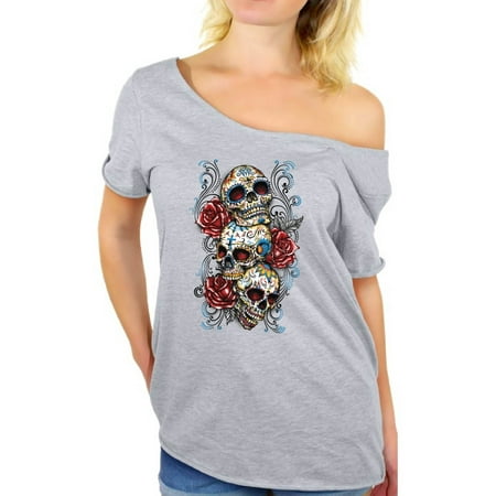 Awkward Styles Three Sugar Skull Off Shoulder Shirt for Women Skull Red Roses Baggy Tshirt Sugar Skull Oversized Shirt Three Sugar Skulls Flowy Top Day of the Dead Gifts Dia de los Muertos