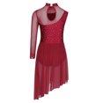 thumbnail image 2 of Kaerm Kids Girls Lyrical Dance Dress Asymmetrical Skirted Leotard Long Sleeve Modern Contemporary Dance Dress Burgundy 16, 2 of 5