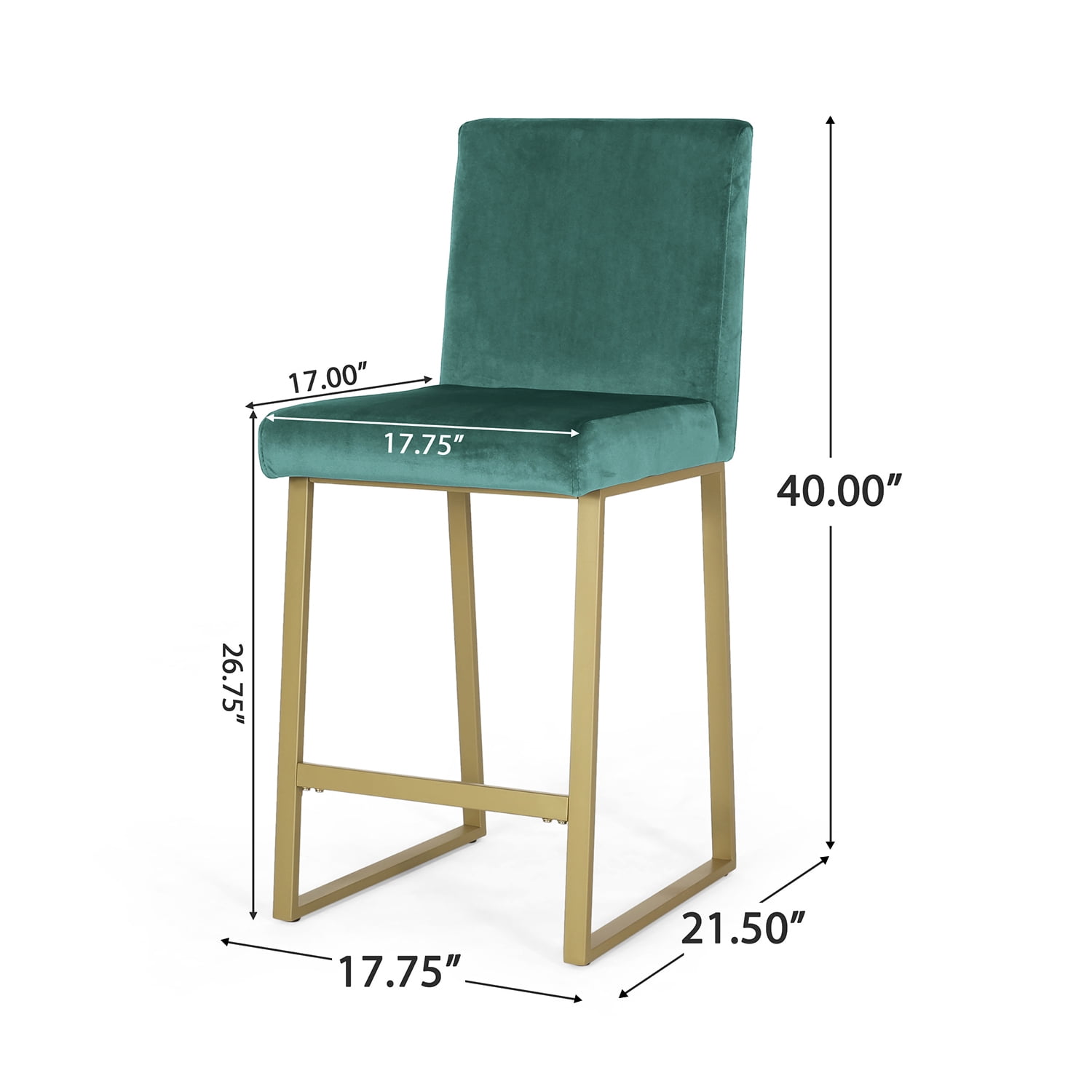 Kadyn 2pcs Upholstered Back Counter Height Barstool, Modern Dinner Chairs with Iron Chair Leg, Kitchen Pub Chair for Dining Room, Turquoise