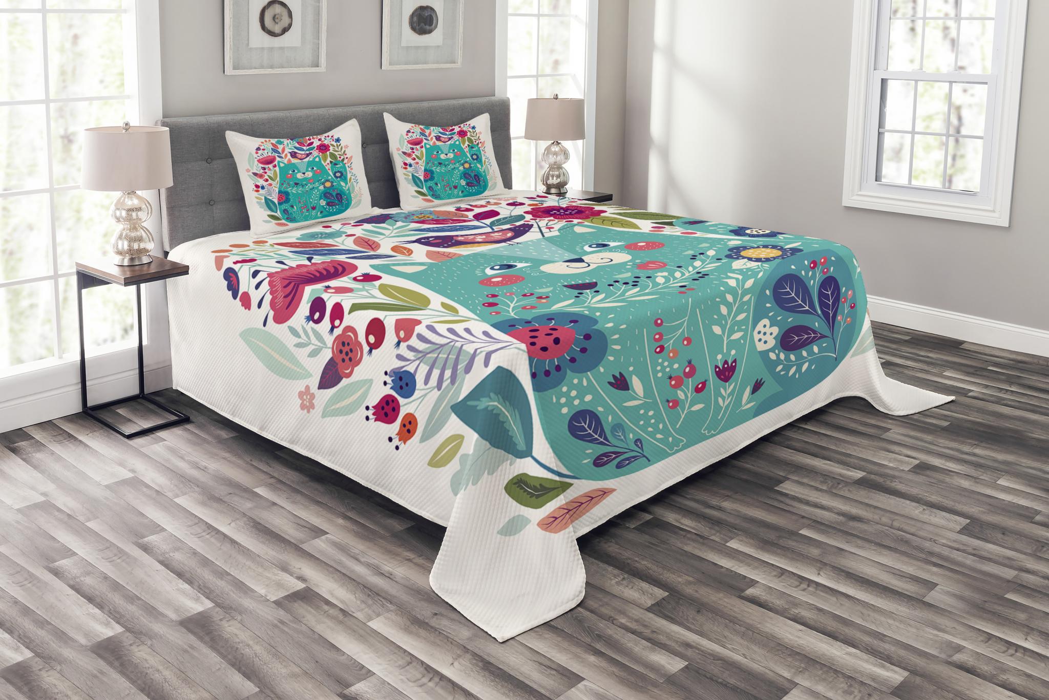 Cat Bedspread Set, Cute Kitty Surrounded by Birds Flowers Ladybugs