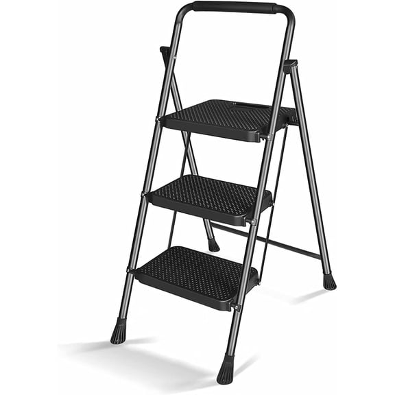 hostic 3 Step Ladder Portable Step Stool with Comfortable Handgrip and Extra Wide Anti-Slip Pedals Multi Purpose Sturdy Folding Step Ladder Black