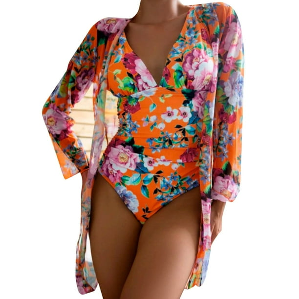 MKLEKYY Trajes De Baño Mujer Women Floral Print Swimsuits Deep V Neck Swimwear Women 2 Bathing Suit Sexy Monokini Suits Summer Wear Beach Cover Ups