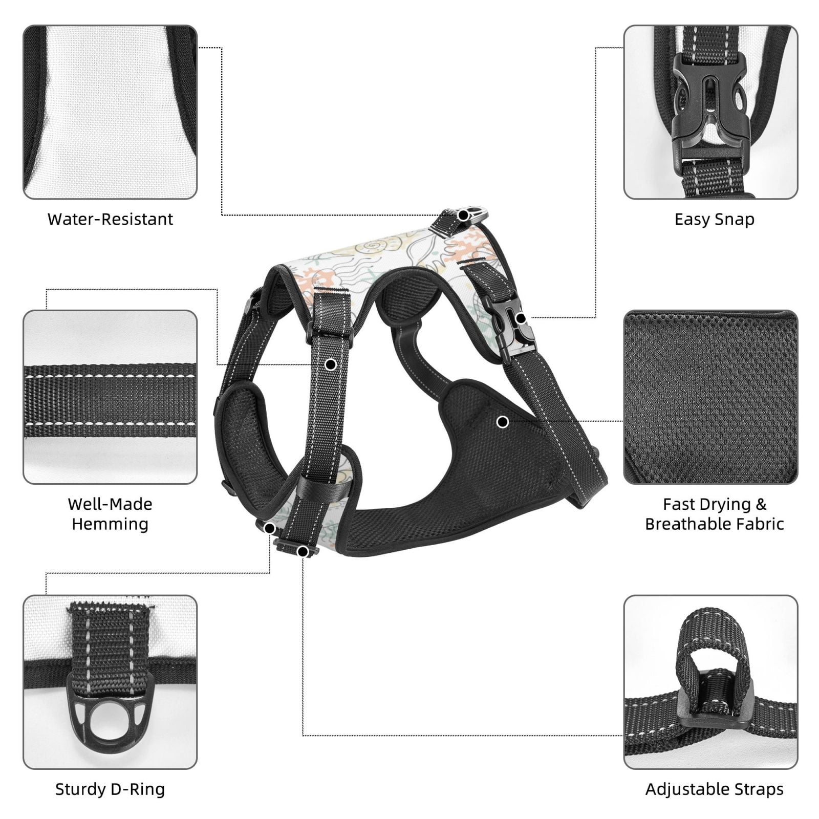 Vsdgher Sea Animals Pattern Dog Harness,No Pull Pet Harness with Soft Padded Handle,Adjustable Reflective Vest with 2 Buckles,4 Slide Buckles,S-XL Small