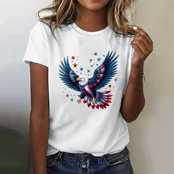 Cavosen Red White and Blue T Shirts Women Petite 4th of July Short Sleeve Round Neck Shirts American Flag Print Shirts Lady XL Red White and Blue Casual Tops Patriotic Tunic Tees Patriotic Blouses