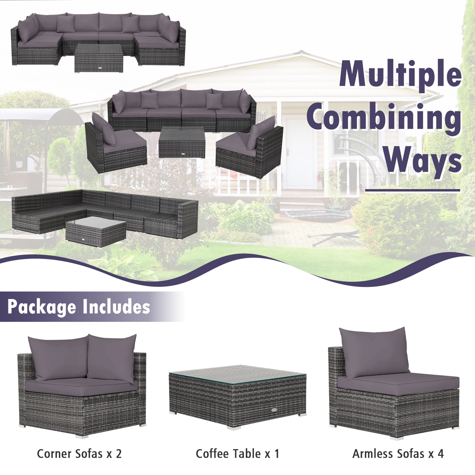 Gymax 7PCS Patio Rattan Sectional Sofa Set Outdoor Furniture Set w/ Grey Cushions