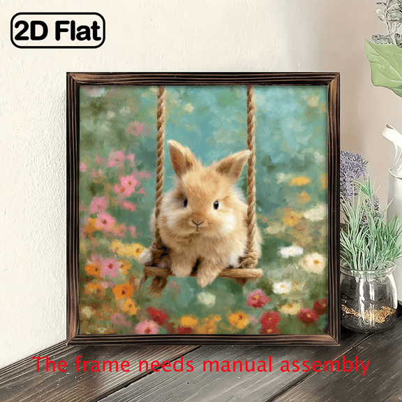 2D Flat - 1pc Farmhouse Rabbit Swing Wooden Figurine Rustic Wall Art, Charming Home Decor, 8x8 inch, Indoor Use, Ideal for Living Room, Kitchen, Entryway, Vintage Style