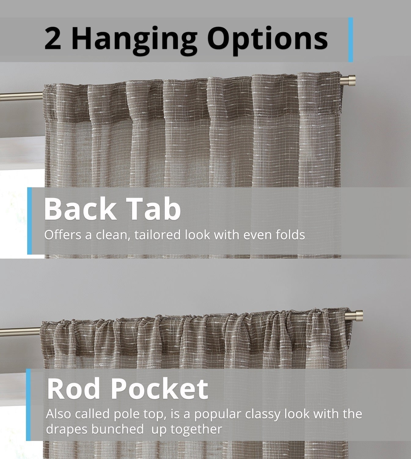 THD Charlotte Faux Linen Semi Sheer Light Filtering Transparent Back Tab Rod Pocket Lightweight Window Curtains Drapery Panels Bedroom, Dining Room & Living Room, 2 Panels