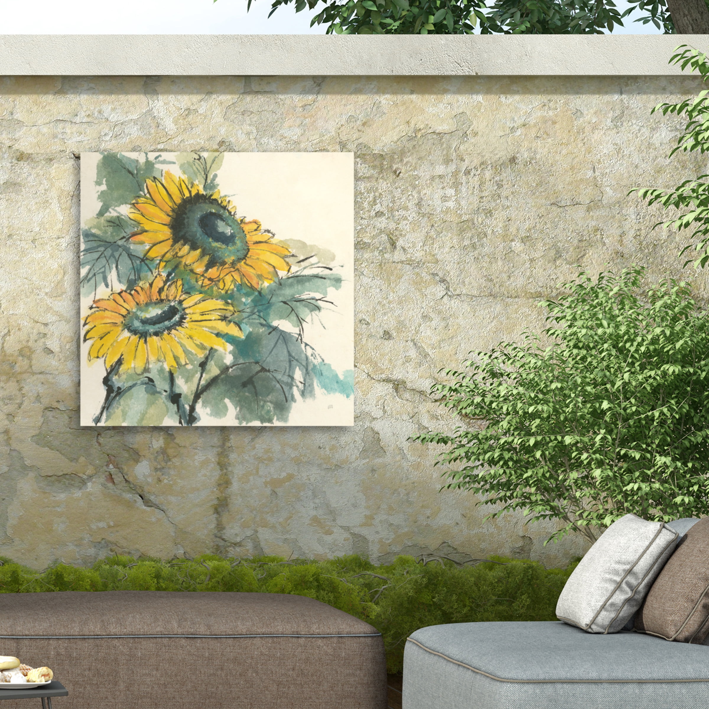 Chris Paschke 'Sunflower Watercolor I' Outdoor Canvas 35x22
