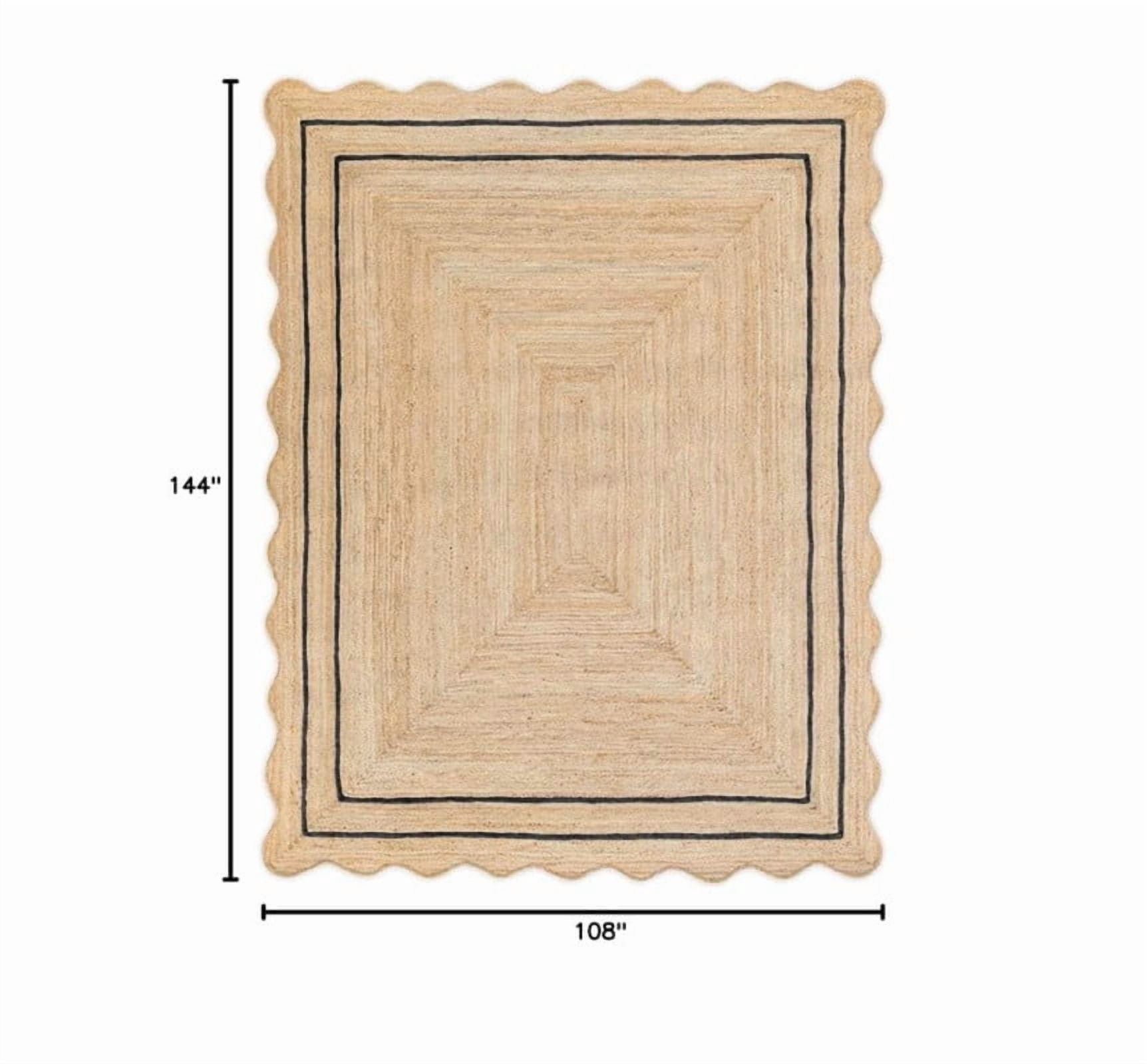 Wave Scalloped Natural Jute Rug, Handmade Boho Farmhouse Braided Eco-Friendly Indoor Carpet for Living Room, Bedroom, Hallway, Black, 11 X 14 FT