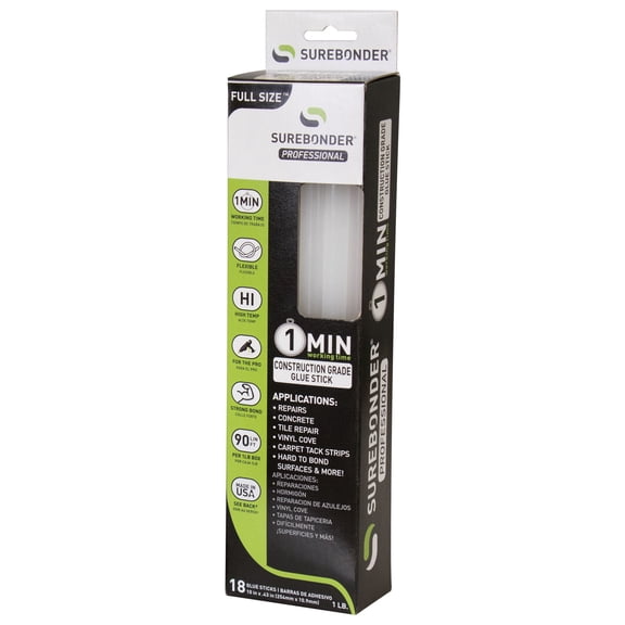 Surebonder Construction Professional Grade Adhesive Hot Melt Glue Sticks - Full Size 10" L, 0.43" D - 1 Minute Working Time, For Home Repairs & Strong Bonds, (CG-1R10T)