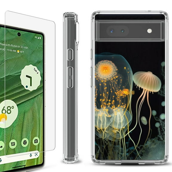 Shockproof Bumper Phone Case for Google Pixel 6a, with Tempered Glass Screen Protector, by OneToughShield ® - Jellyfish