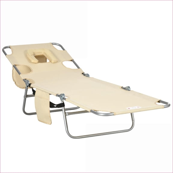 Outdoor Lounge Chairs, 5-Level Adjustable Foldable Tanning Chair for Beach Patio Garden Pool | Beige | oxford fabric