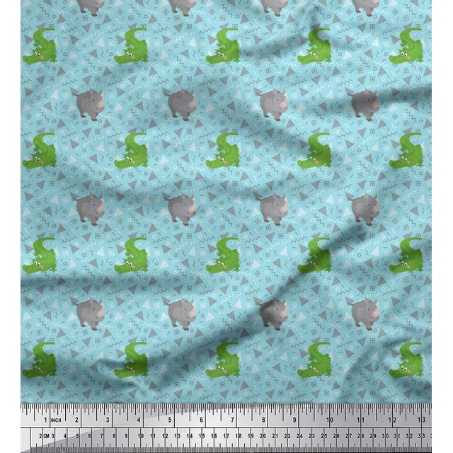 Soimoi Poly Crepe Fabric Geometric Shapes,Crocodile & Rhinoceros Kids Print Fabric by The Yard 42 Inch Wide