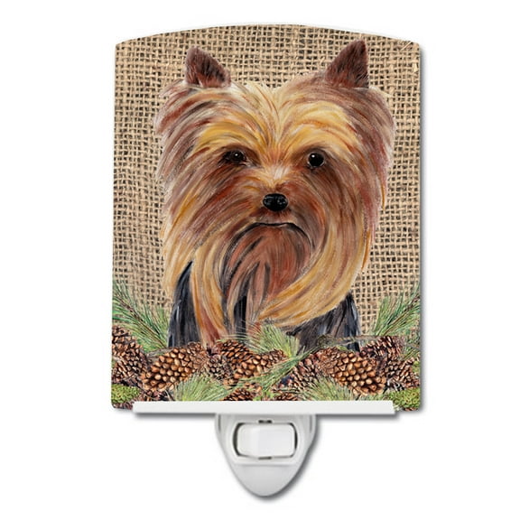 Caroline's Treasures SC9046CNL Yorkie Faux Burlap and Pine cones Ceramic Night Light, 6x4x3", multicolor