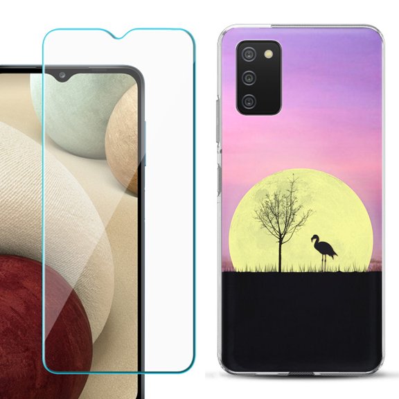 Slim-Fit TPU Fashion Phone Case for Samsung Galaxy A03s, with Tempered Glass Screen Protector, by OneToughShield ® - Moonlight Flamingo