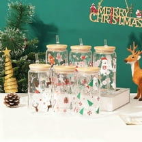 Christmas Glass Cups 16 oz Xmas Mason Jars with Lids & Straws Cute Colored Xmas Mugs for Water Juice Milk Christmas Gifts - A