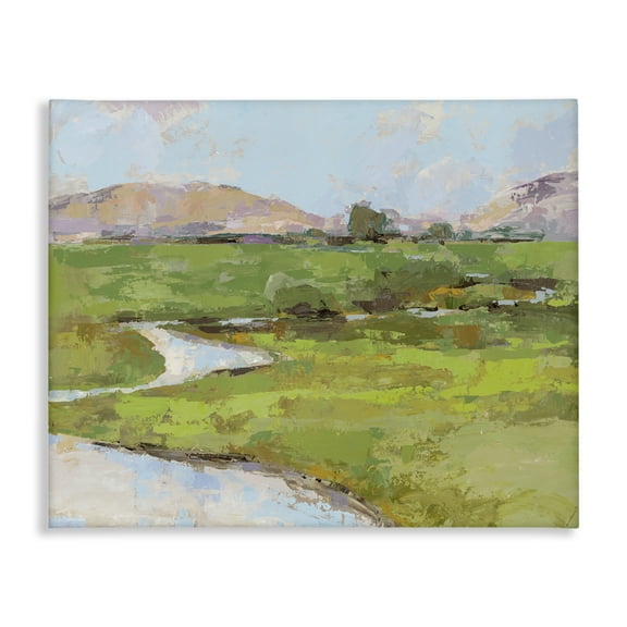Stupell Industries Hillside Winding Stream Landscape Painting Gallery Wrapped Canvas Art Print Wall Art, 20 x 16