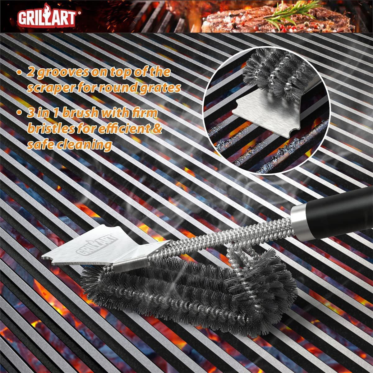 GRILLART Grill Brush and Scraper, Wire BBQ Grill Brush for Outdoor Grill,  16.5” Grill Cleaning Brush BBQ Grill Accessories, Safe Grill Cleaner