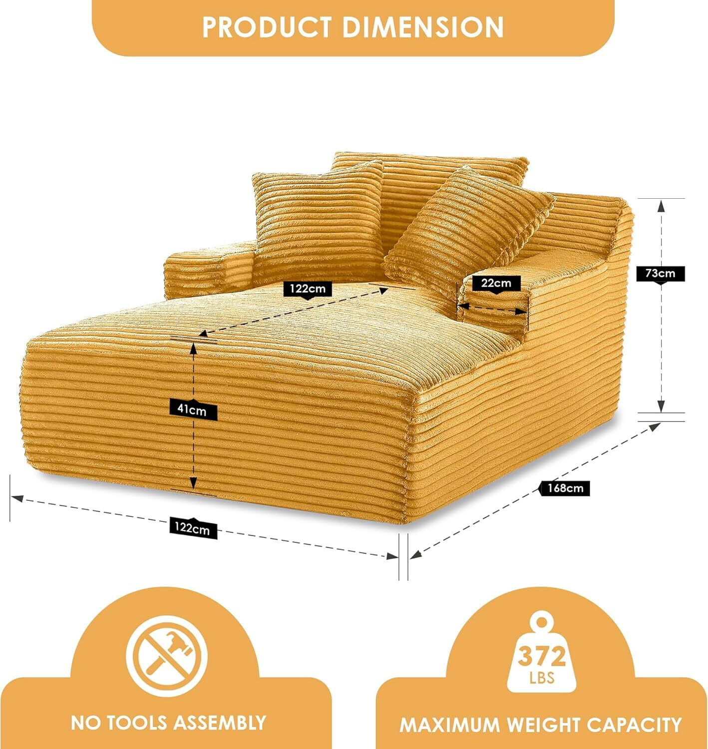 AENKYO Oversized Corduroy Chaise Lounge Chair – Extra Wide Cloud Couch Daybed with 3 Pillows, No Assembly, Deep Seat Sleeper Sofa for Living Room & Bedroom, Yellow