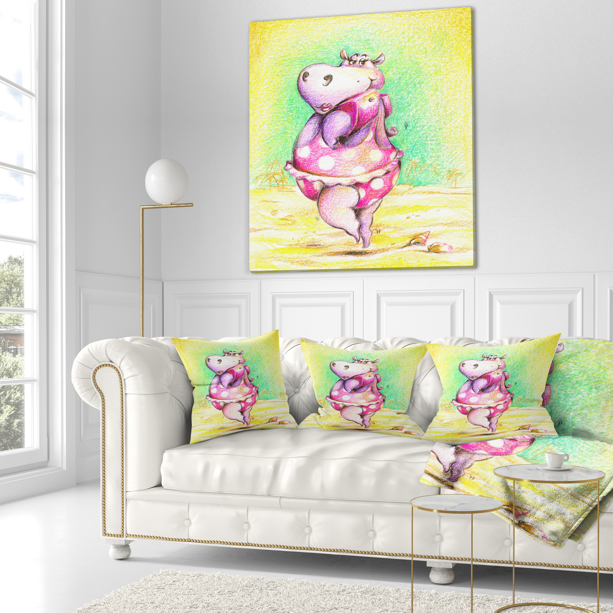 Designart Cute Hippo Goes Swimming - Abstract Throw Pillow - 18x18