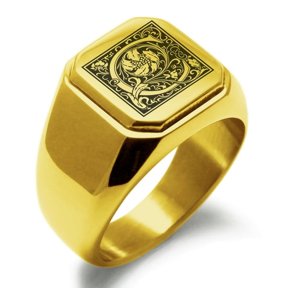 Stainless Steel Letter C Initial Floral Box Monogram Engraved Engraved Square Flat Top Biker Style Polished Signet Ring