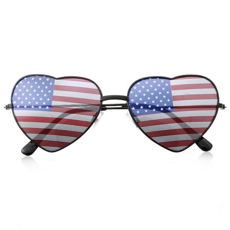 Womens Heart Shaped American Flag Black Frame Cute Sunglasses