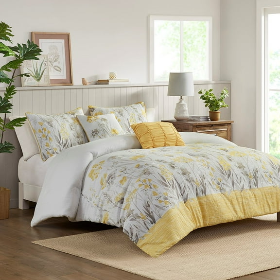 Bedding Sets 5 Piece Seersucker Comforter Set with Throw Pillows Yellow Full/Queen,Bed Sets