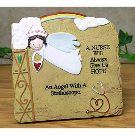 Nurse Gift Plaque - Inscribed with a Nurse Will Always Give Us Hope an Angel with a Stethoscope - Stone Look Desktop Size Easel Back