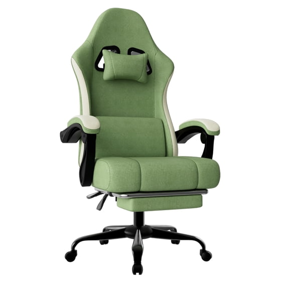 Ergonomic Gaming Chair w/ Spring Cushion, Breathable Fabric, Footrest, Adjustable Lumbar Support for Adults(Green)