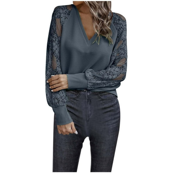 JAKANYQ Sweaters For Lady V Neck Lace Long Sleeve Ribbed Knit Solid Color Pullover Top Classic Lightweight