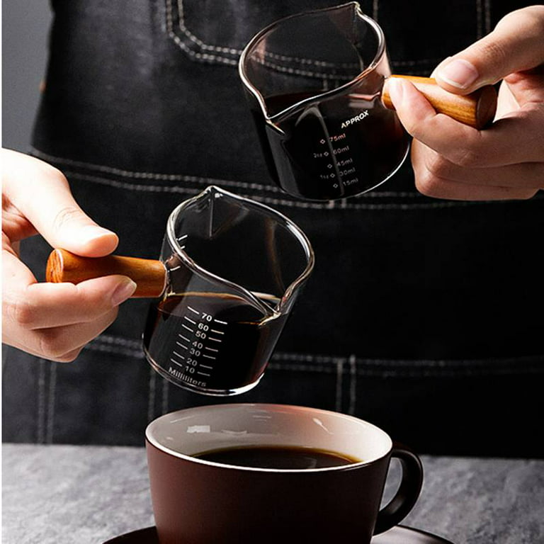 Wirsh Espresso Shot Glasses, Espresso Cups with Wooden Handle 2 Pcs, 50ml/100ml Single Spout Measuring Glass Cup for Pouring Coffee, Milk, Sauce