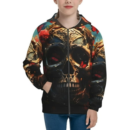 Naloa Artistic Flower Butterfly Skull Teenage Zipper Hoodie Long Sleeve Zip Up Hoodies Casual Jackets Tops for 7-12 Years-